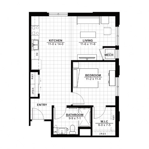 Floor plan for 1 bed, 1 bath, 678 sqft
